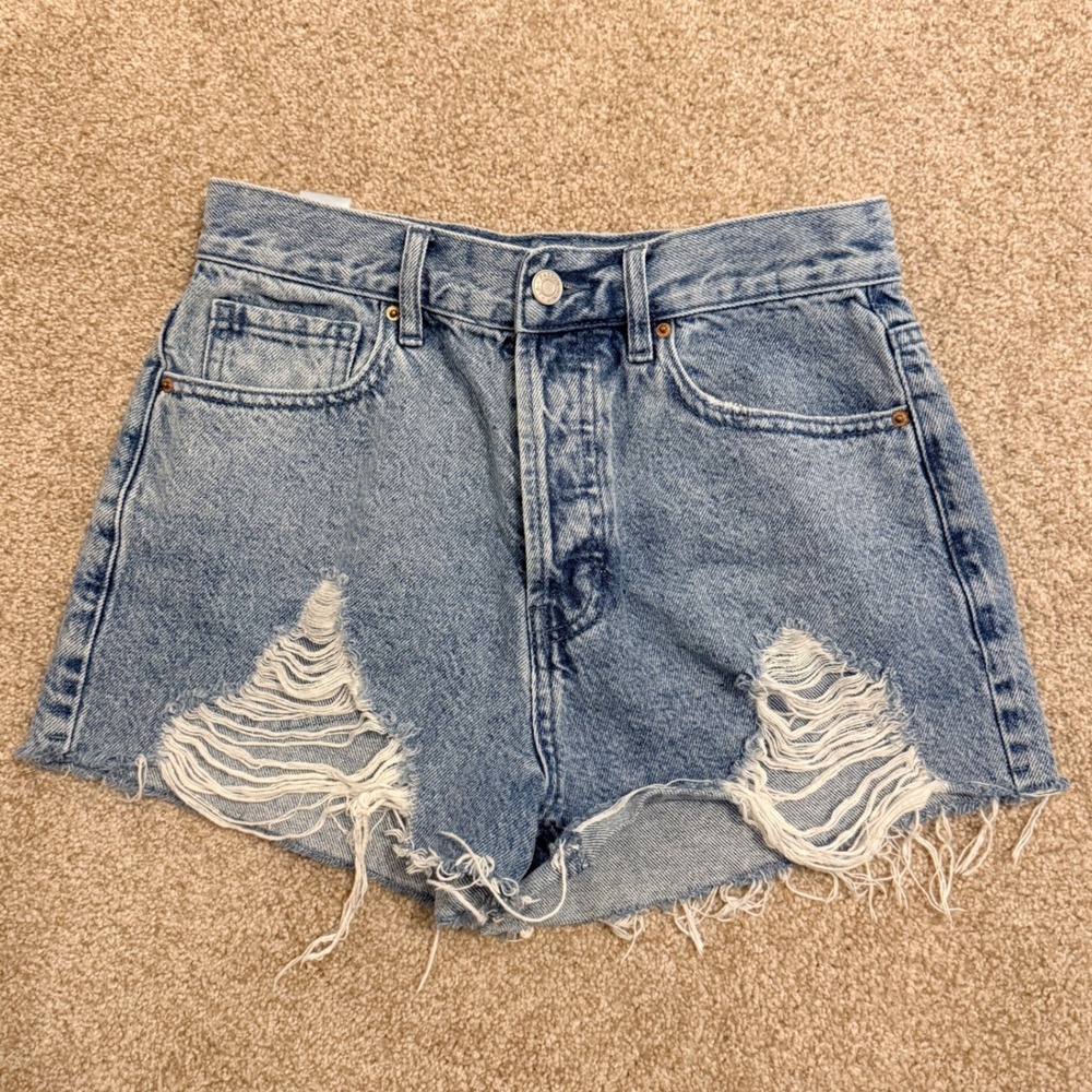 PacSun Vintage High Rise Denim Shorts Women 26 Blue Distressed Button Fly Cutoff